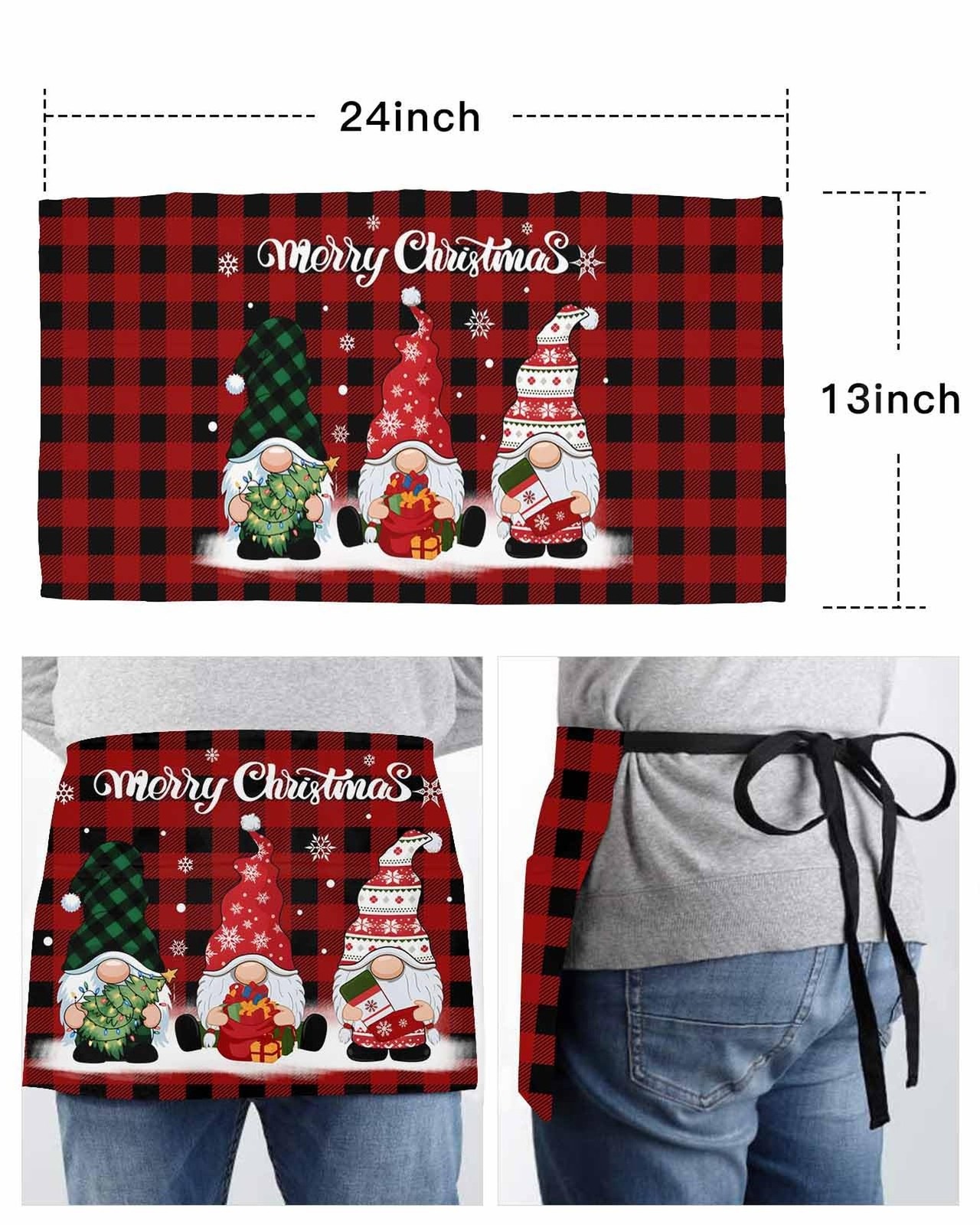 Server Apron Waitress Half Apron with 3 Pockets, Christmas Print