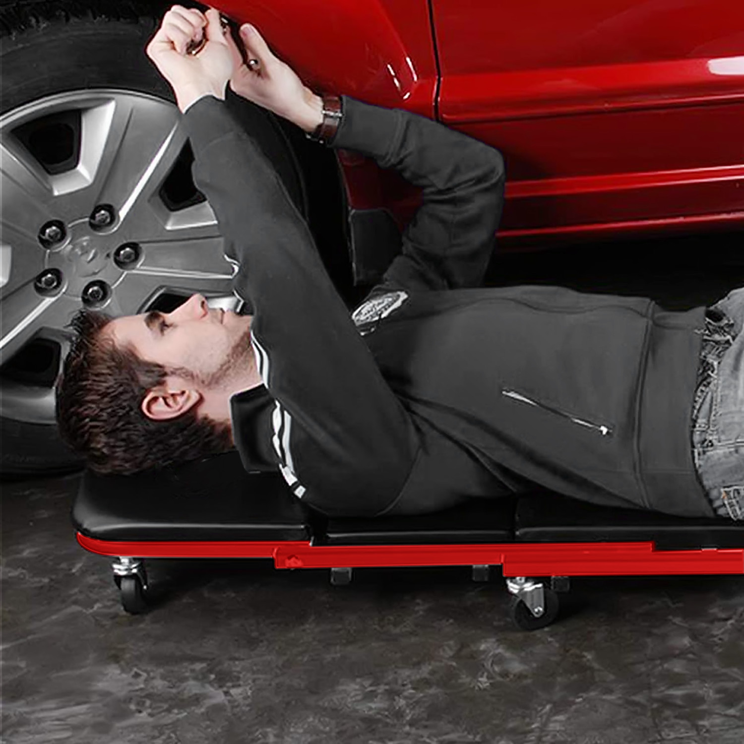 36" Red[FOLDABLE CREEPER+UPHOLSTERED SEAT]Rolling Mechanic Vehicle Repair Stool