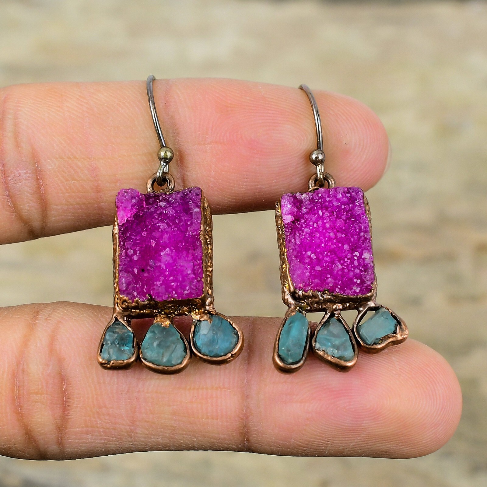 Pink Druzy Jewelry Copper Mom Gift Electroformed Drop/Dangle Earrings 1.77"