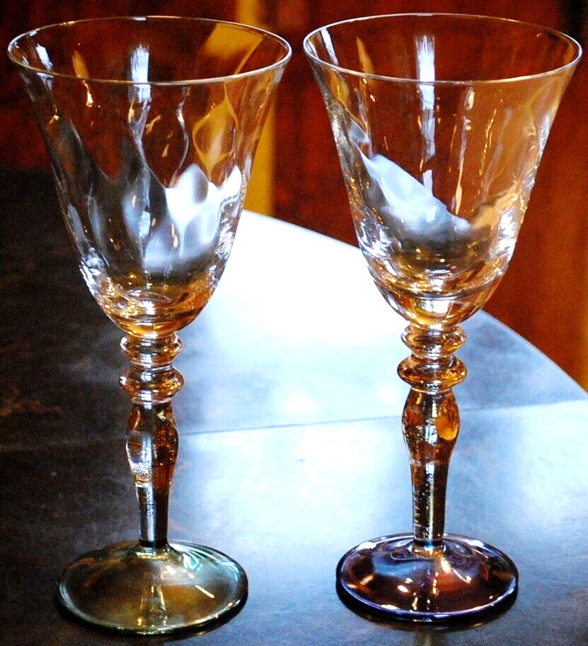 ROGASKA Optic Crystal VENETIAN GOLD LUSTER Set 2 WATER GOBLETS Foil In Stem 8.5"
