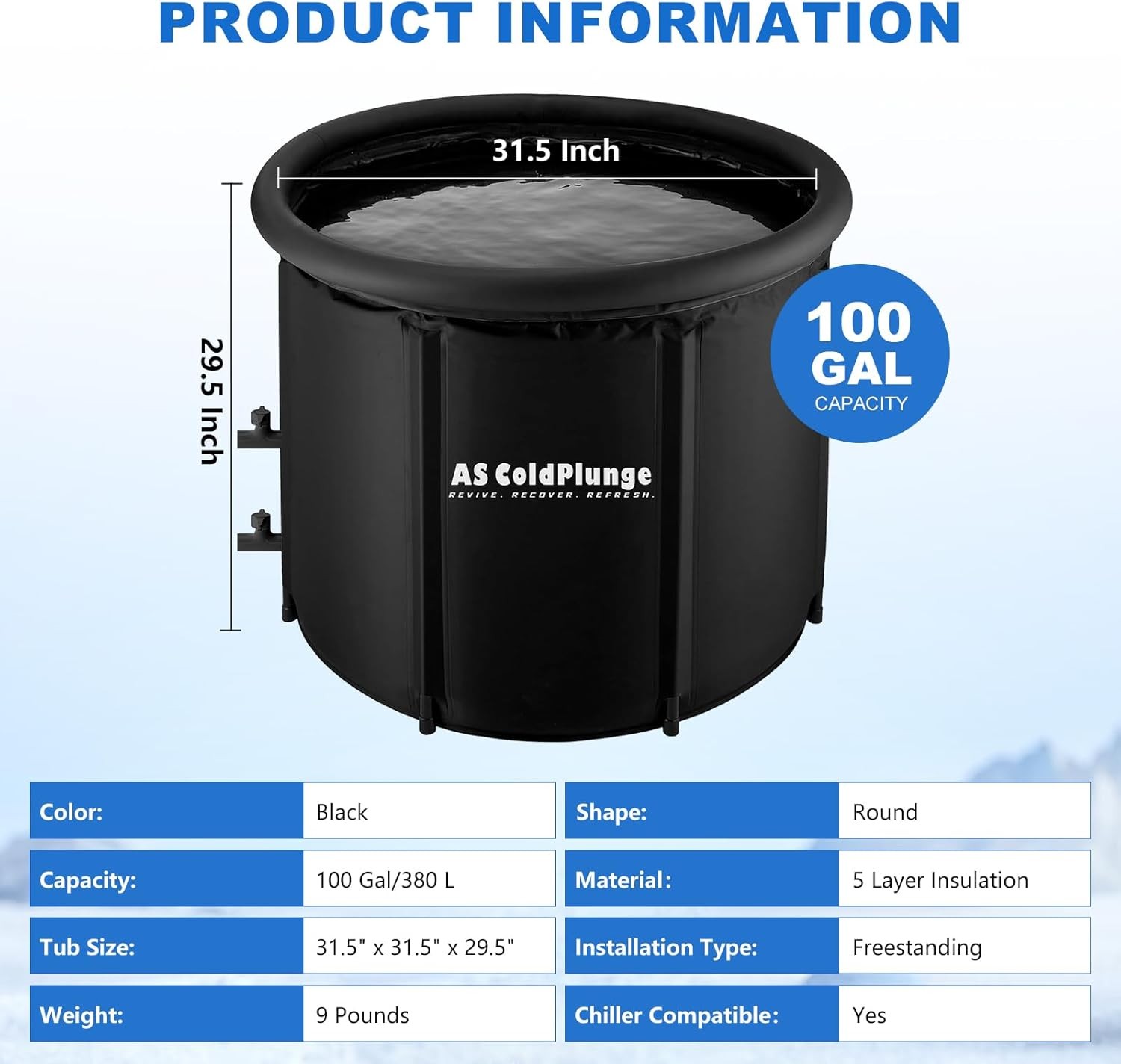 XL Ice Bath Tub for Cold Plunge 100Gal Ice Pod with Lid & Cover 2 Drain Valves