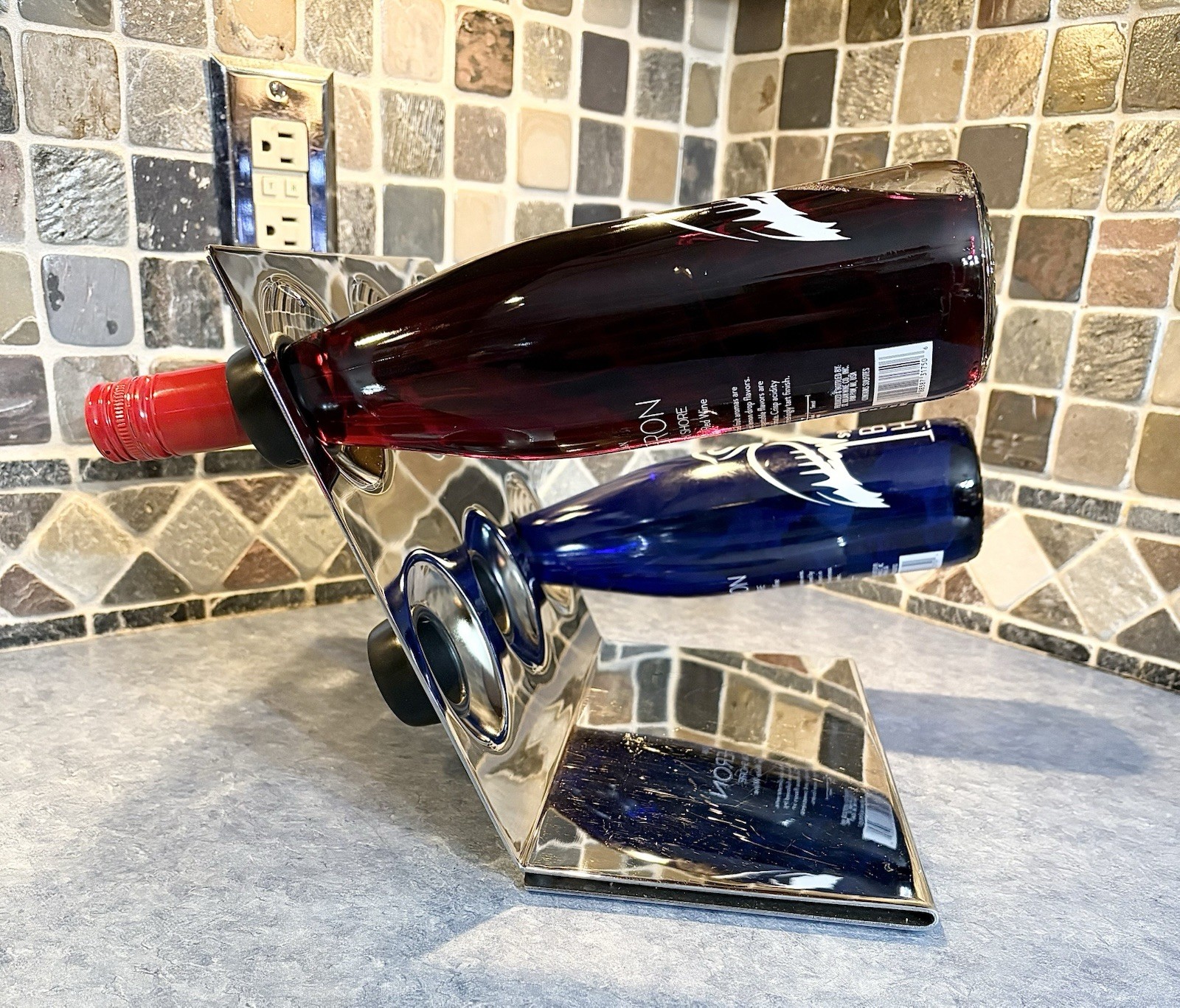 Vintage Mid Century 1960s 70s Geometric Free Floating Chrome Wine Rack Holder