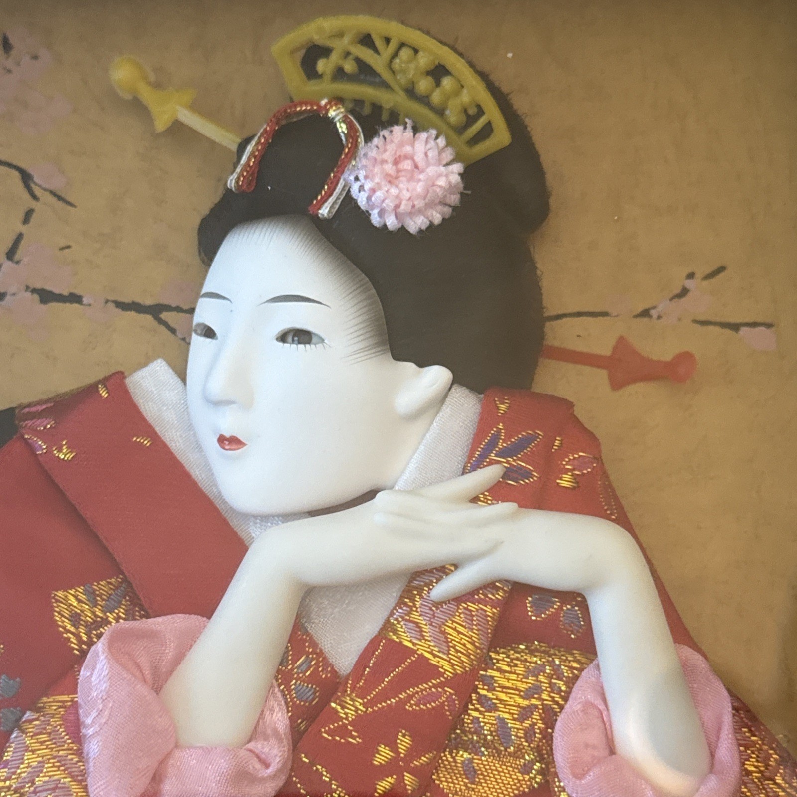VINTAGE Japanese 3D Porcelain & Fabric Geisha Girl Framed & Matted Shadow Box