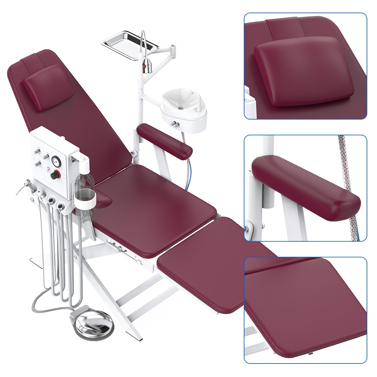Portable Dental Folding Chair+LED Light+Air Turbine Unit+Weak Suction Burgundy