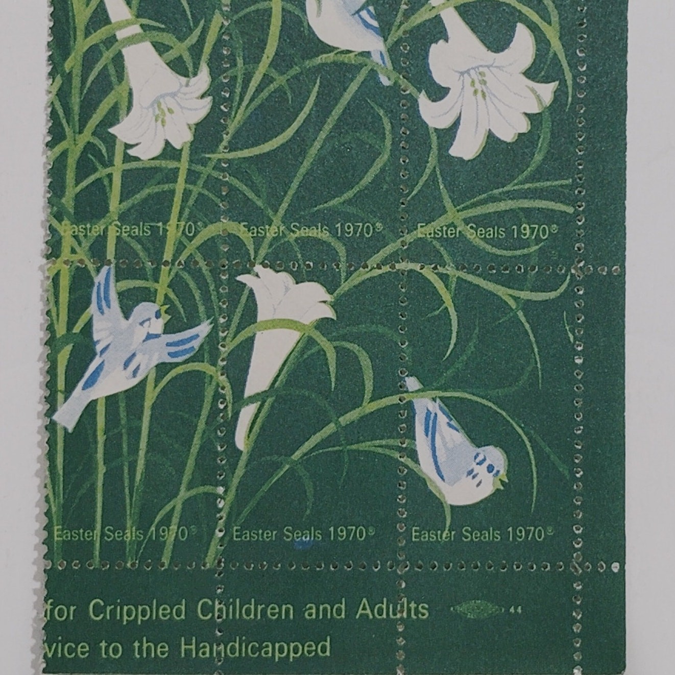 1970 Easter Seals, Partial Sheet of 15 White Lilies & Blue Birds, Vintage