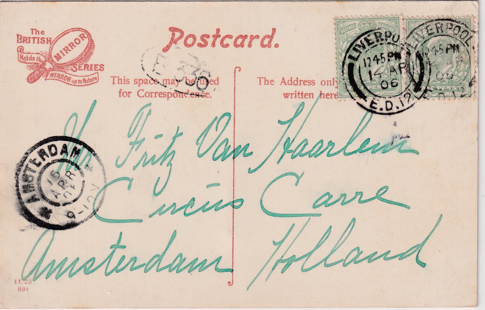 GB 1906 EVII ½d yellowgreen (2x) on superb coloured RP postcard (Olympia Theatre