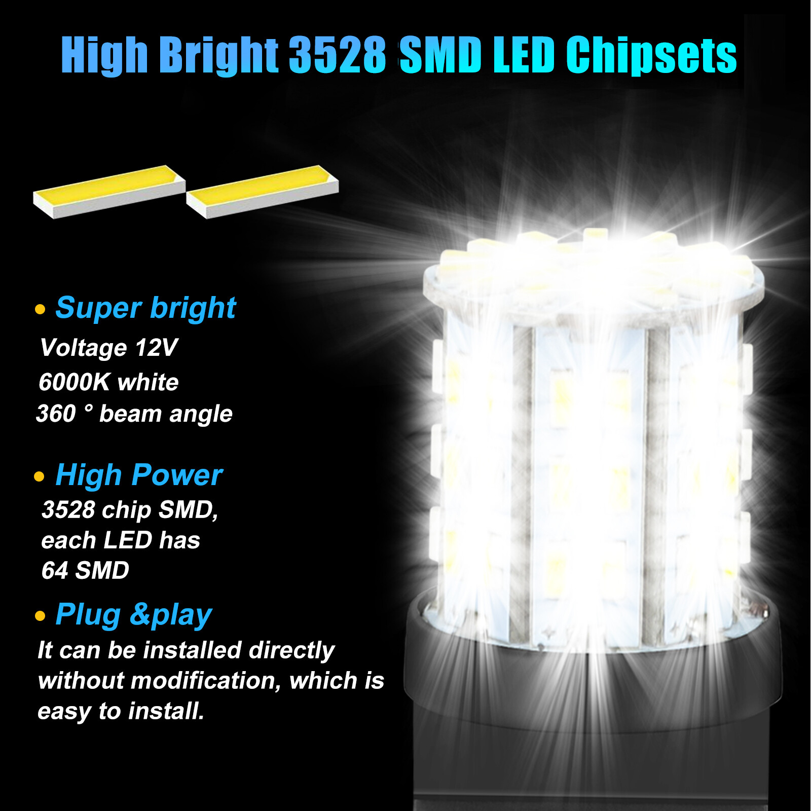 4X 3157 64SMD LED Reverse Tail Brake Stop Turn Signal DRL Light Bulb 6000K White