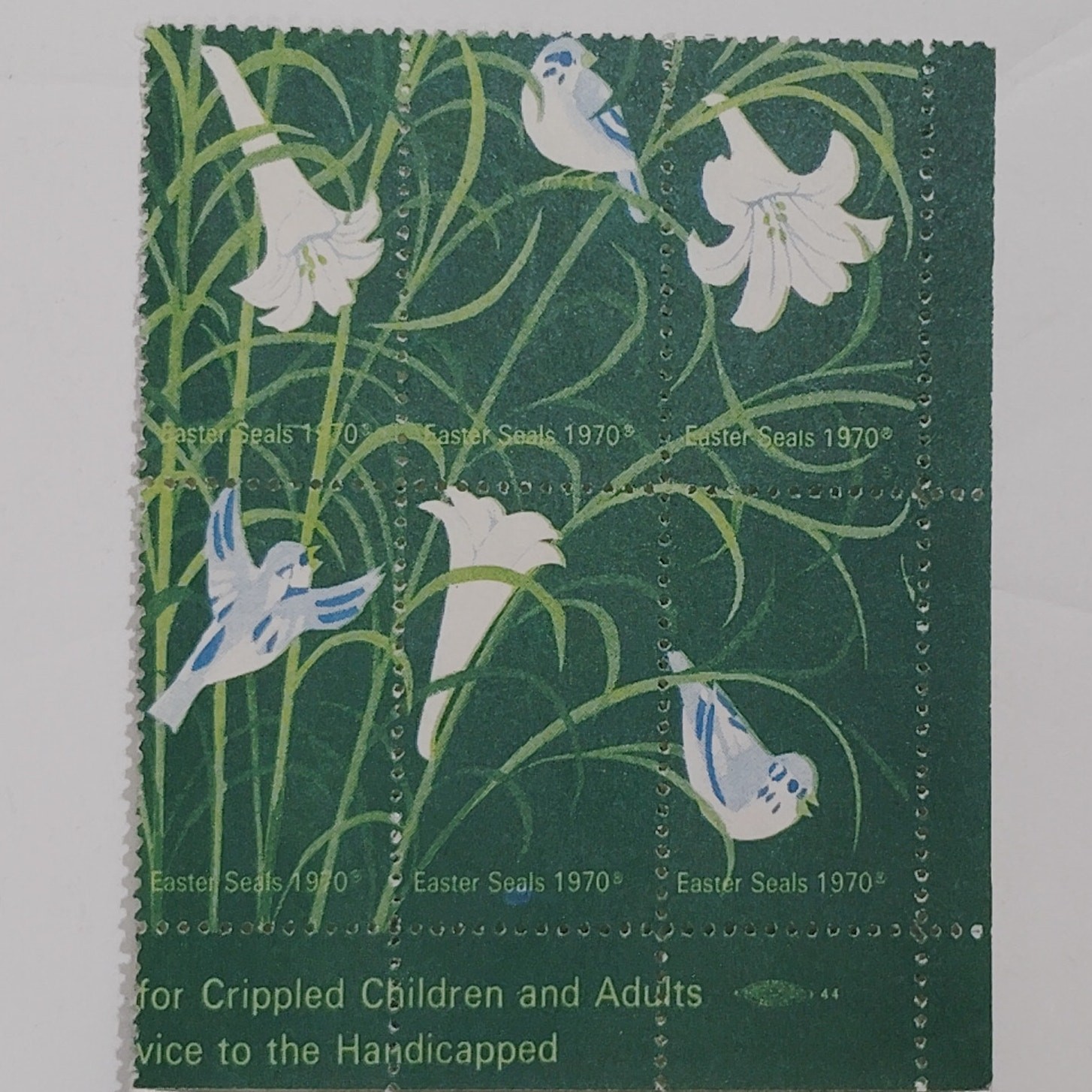 1970 Easter Seals, Partial Sheet of 15 White Lilies & Blue Birds, Vintage