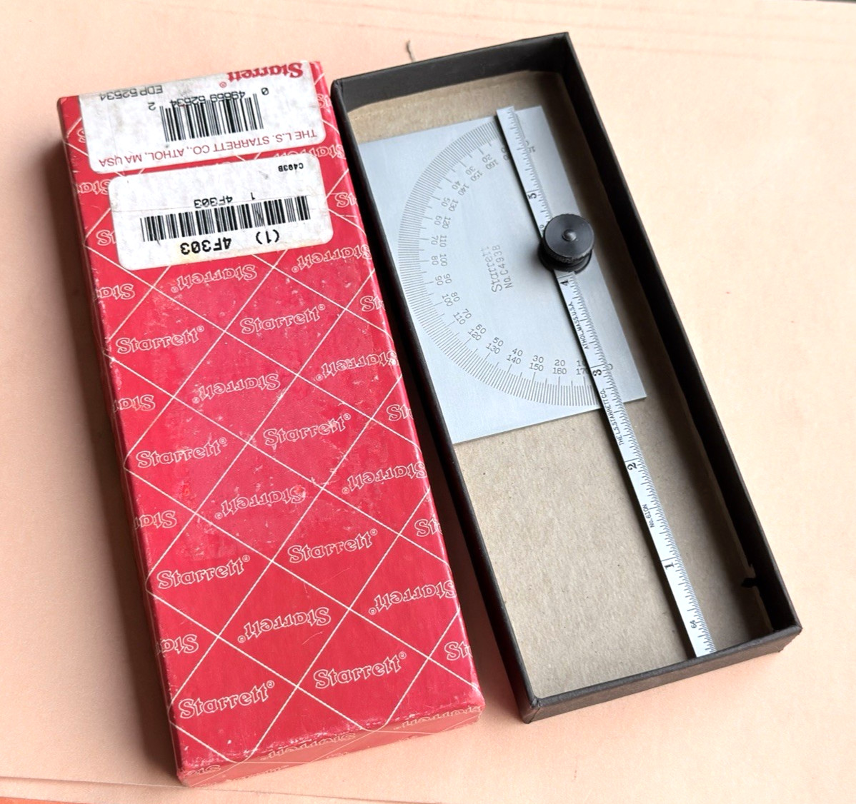 STARRETT No. C493B Satin Chrome Finish Steel Protractor/Depth Gage. USA Made!