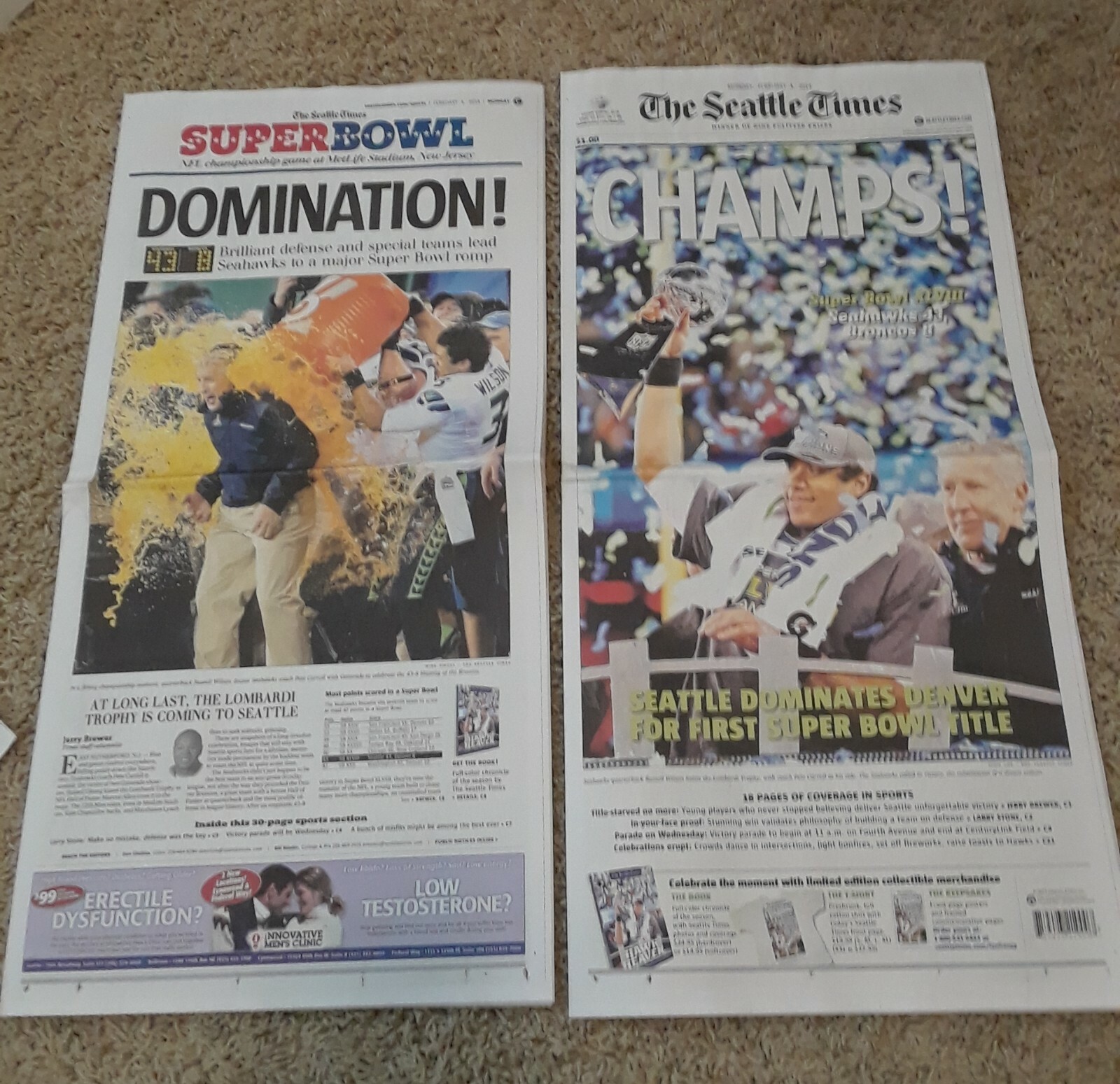 Seahawks Superbowl Seattle Times 2014 & 2026 Newspaper. Complete, Perfect Mint