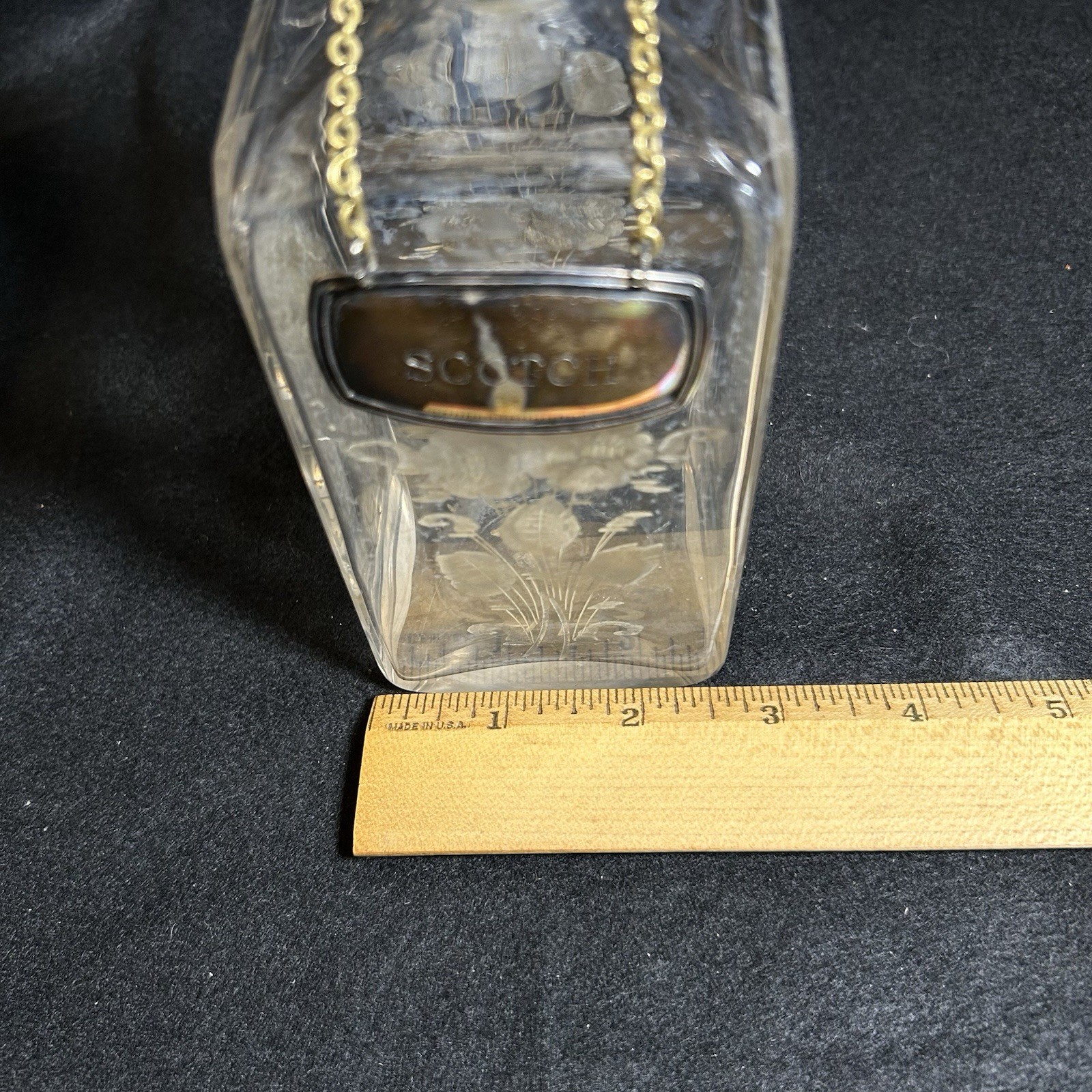 Antique Edwardian Etched Crystal Decanter “Scotch” Silverplate Plaque England