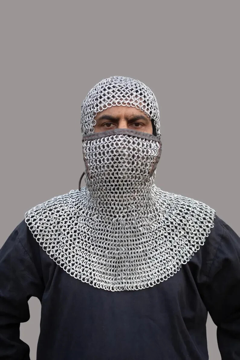 Chainmail Coif With Mask Leather Attached 10MM Flat Ring Riveted With Washer