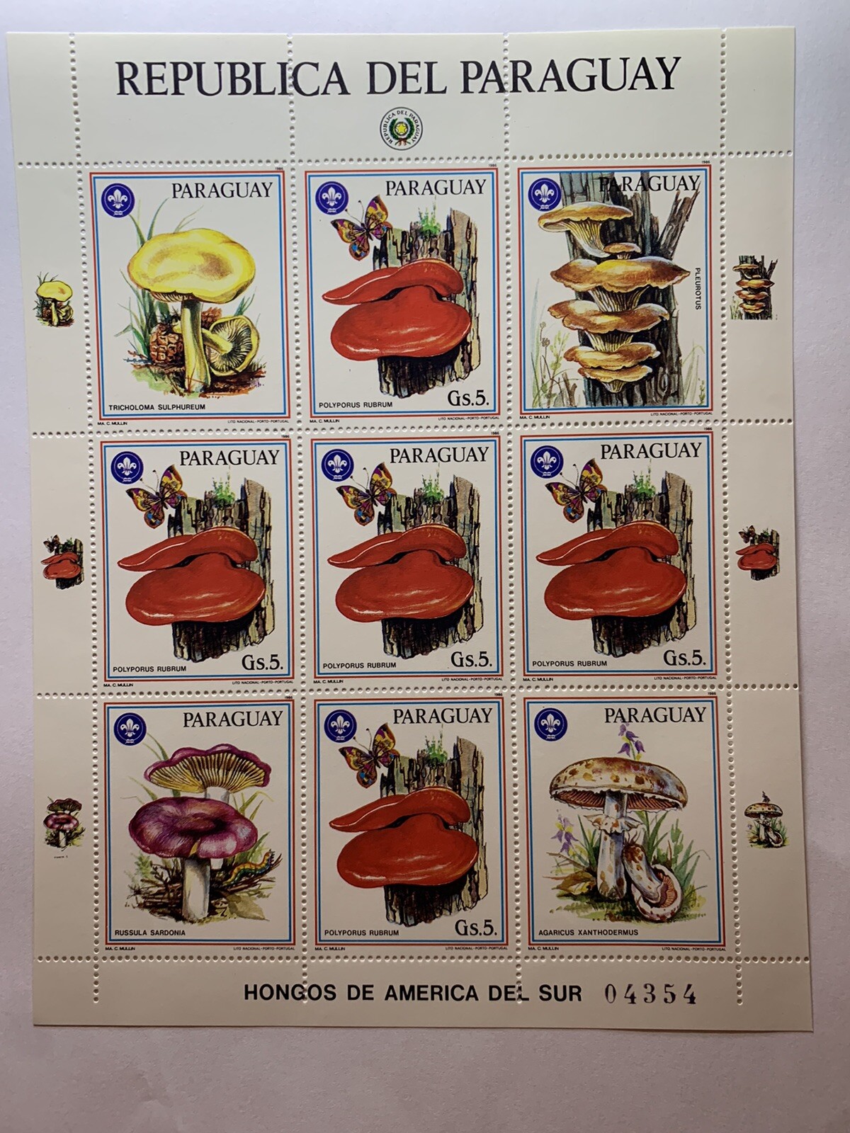 RARE 1986 PARAGUAY FDC COVER MUSHROOMS WITH CANCELED AND MINT NUMBERED SHEETS