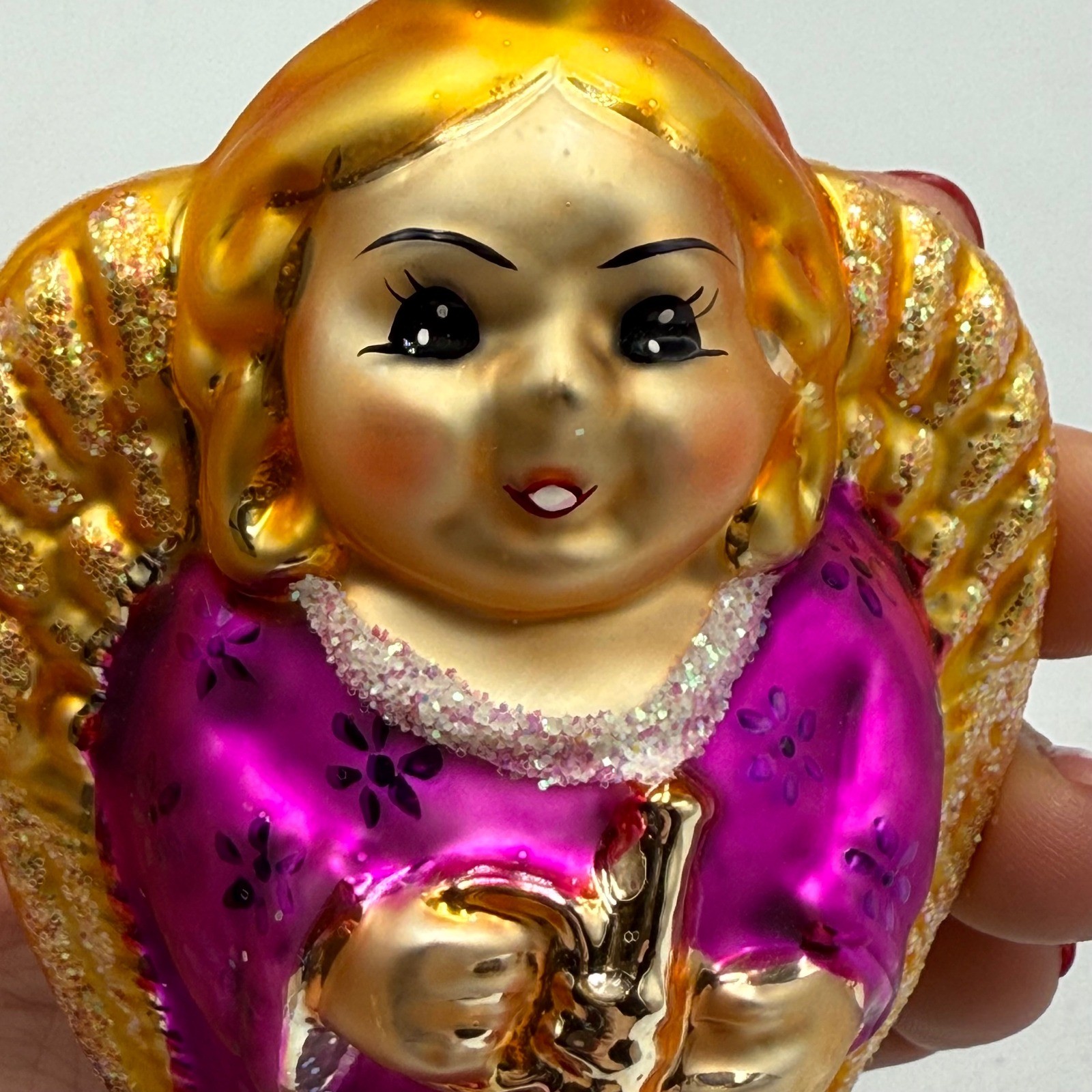 Vintage Glass Angel Christmas Ornament Trumpet Purple Gold West Germany