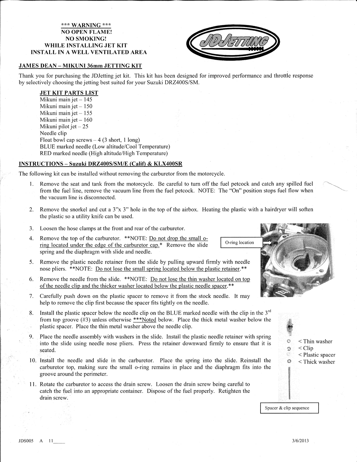 JD Jetting JDS005 High Performance Jet Kit KLX400SR DRZ400S DRZ400SM DRZ400E