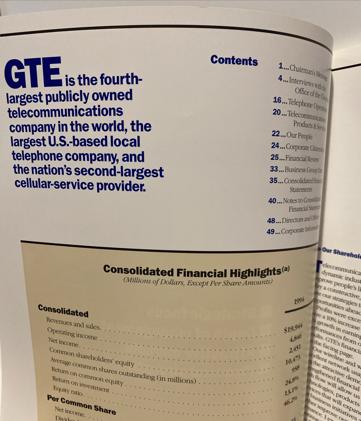 Vtg 1994 Annual Report GTE Corp Stamford, CT 49 pgs Full Color SEC From 10K