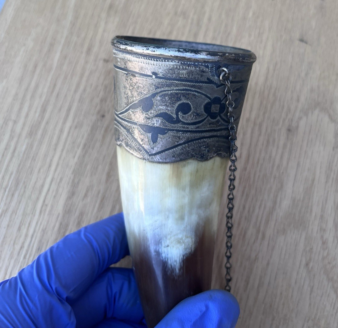 Vintage Russian Viking Caucasian Drinking Horn Sterling Silver Bird Head Chain