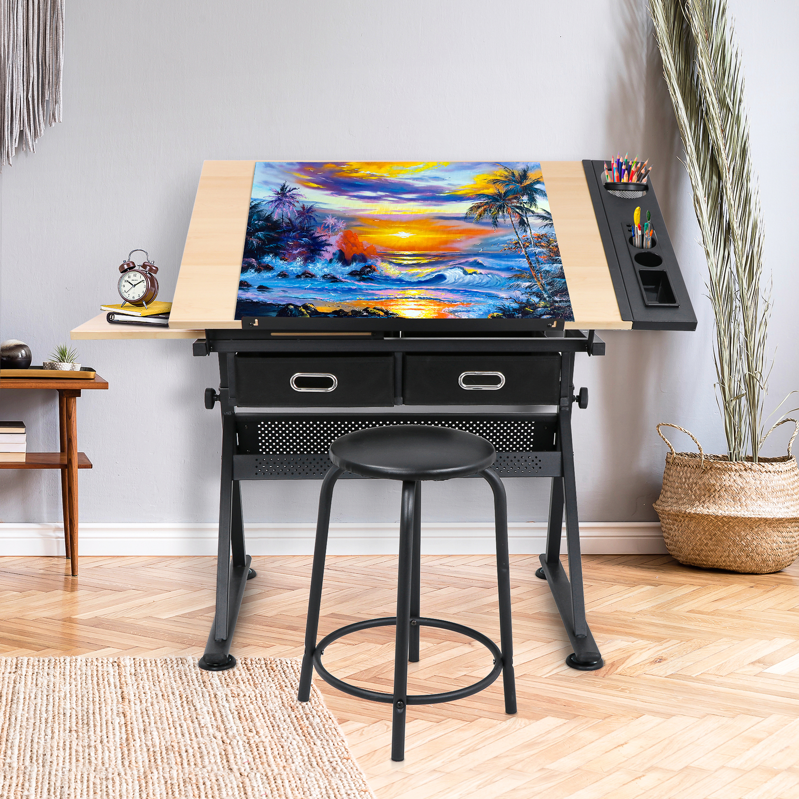 Craft Tiltable Tabletop with Stool 2 Drawers Adjustable Drafting Drawing Table