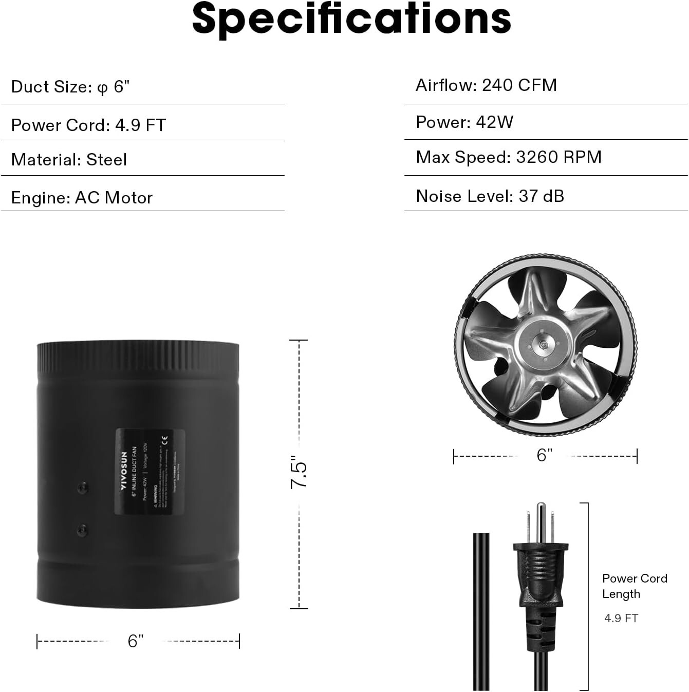 VIVOSUN Inline Booster Duct Fan 6” 240 CFM,HVAC Exhaust Ventilation Fan,Low Nois