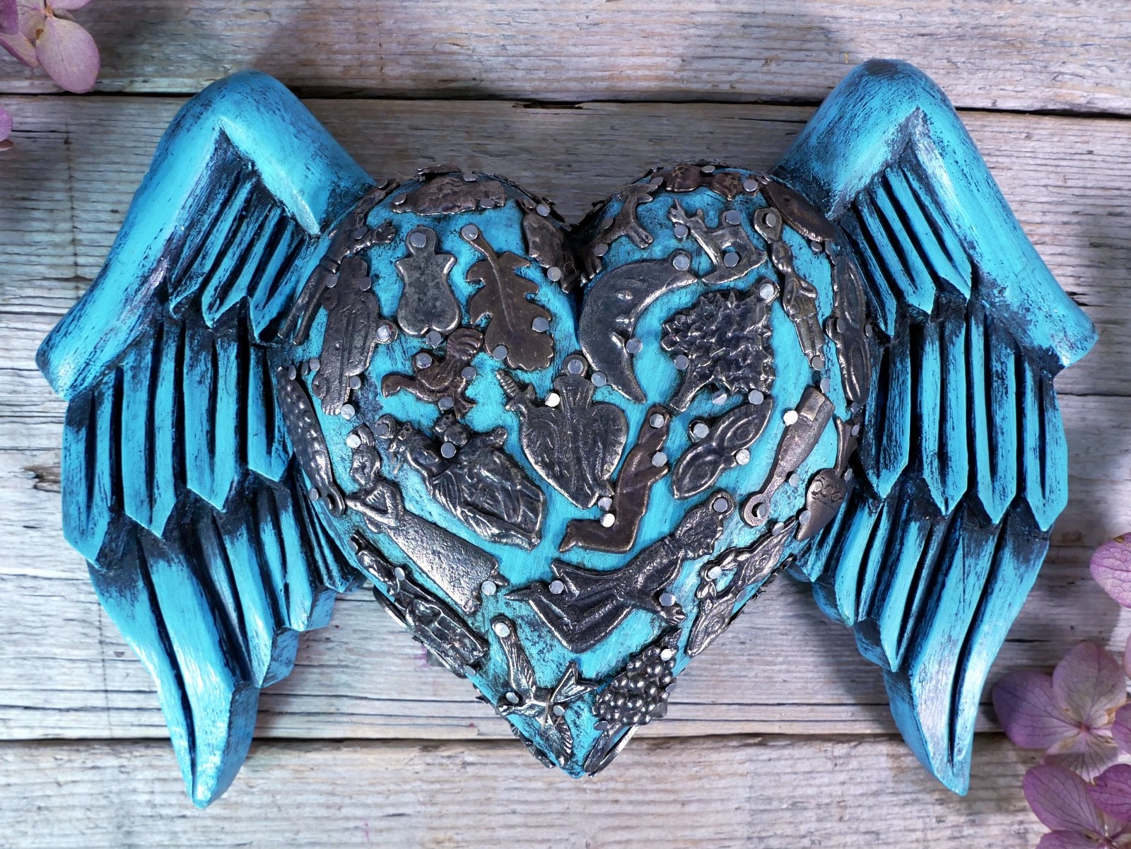 Blue Heart Wings Milagros Handmade Wood Mexican Folk Art Love Token Medium Size