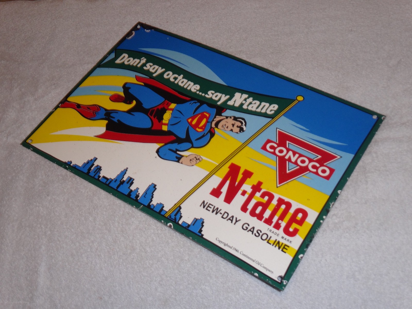 VINTAGE 1946 CONOCO N-TANE SUPERMAN GASOLINE 16" PORCELAIN METAL COMIC BOOK SIGN