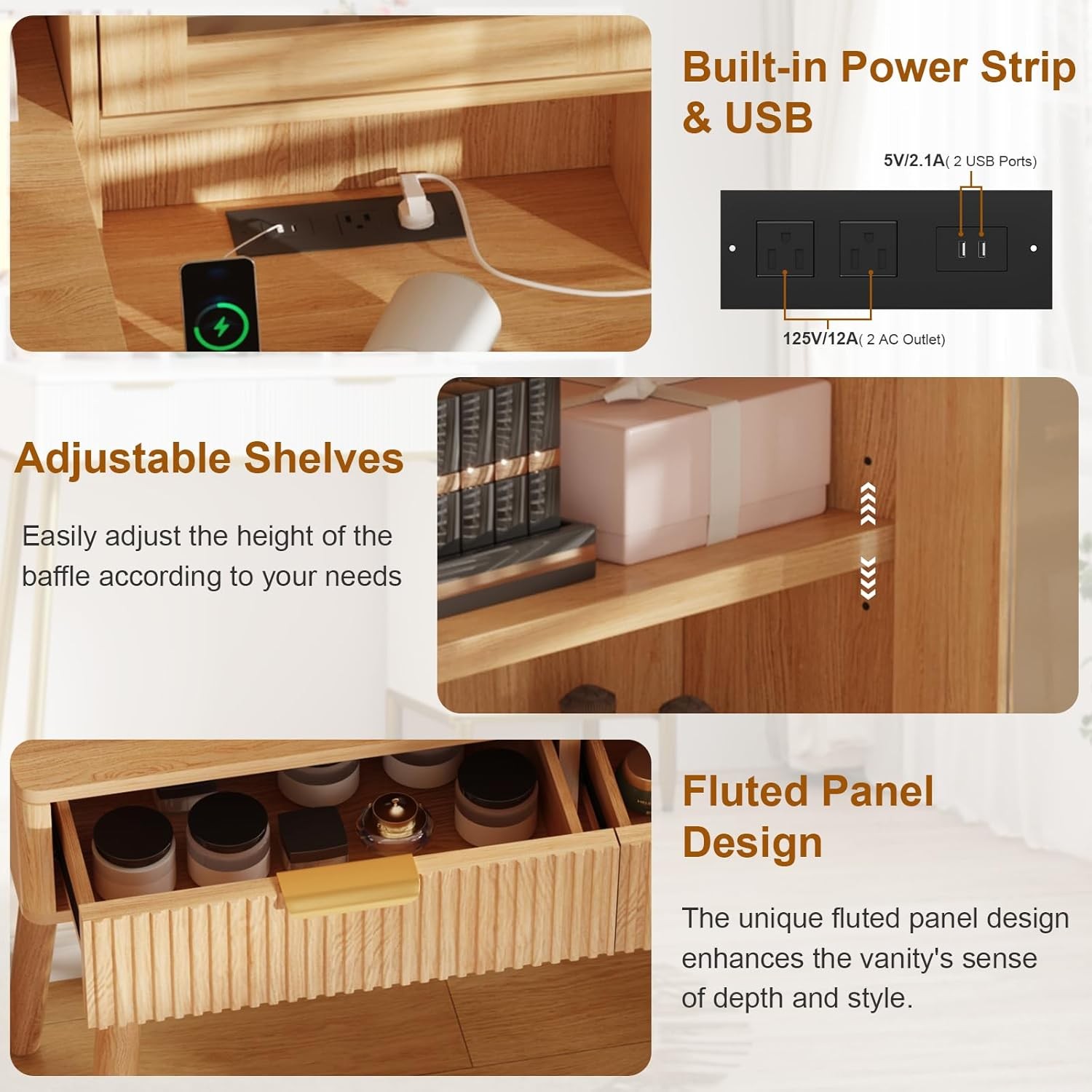 Vanity Desk with Lighted Mirror & USB,Fluted Makeup Table with 5 Drawers Storage