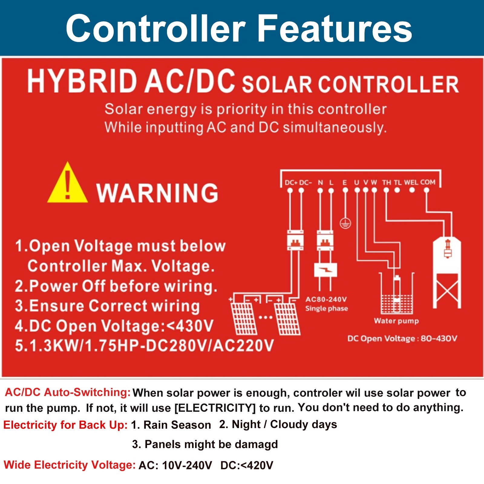 3" AC110V/DC220V Solar Powered Bore Well Water Pump 1HP Submersible Hybrid Deep