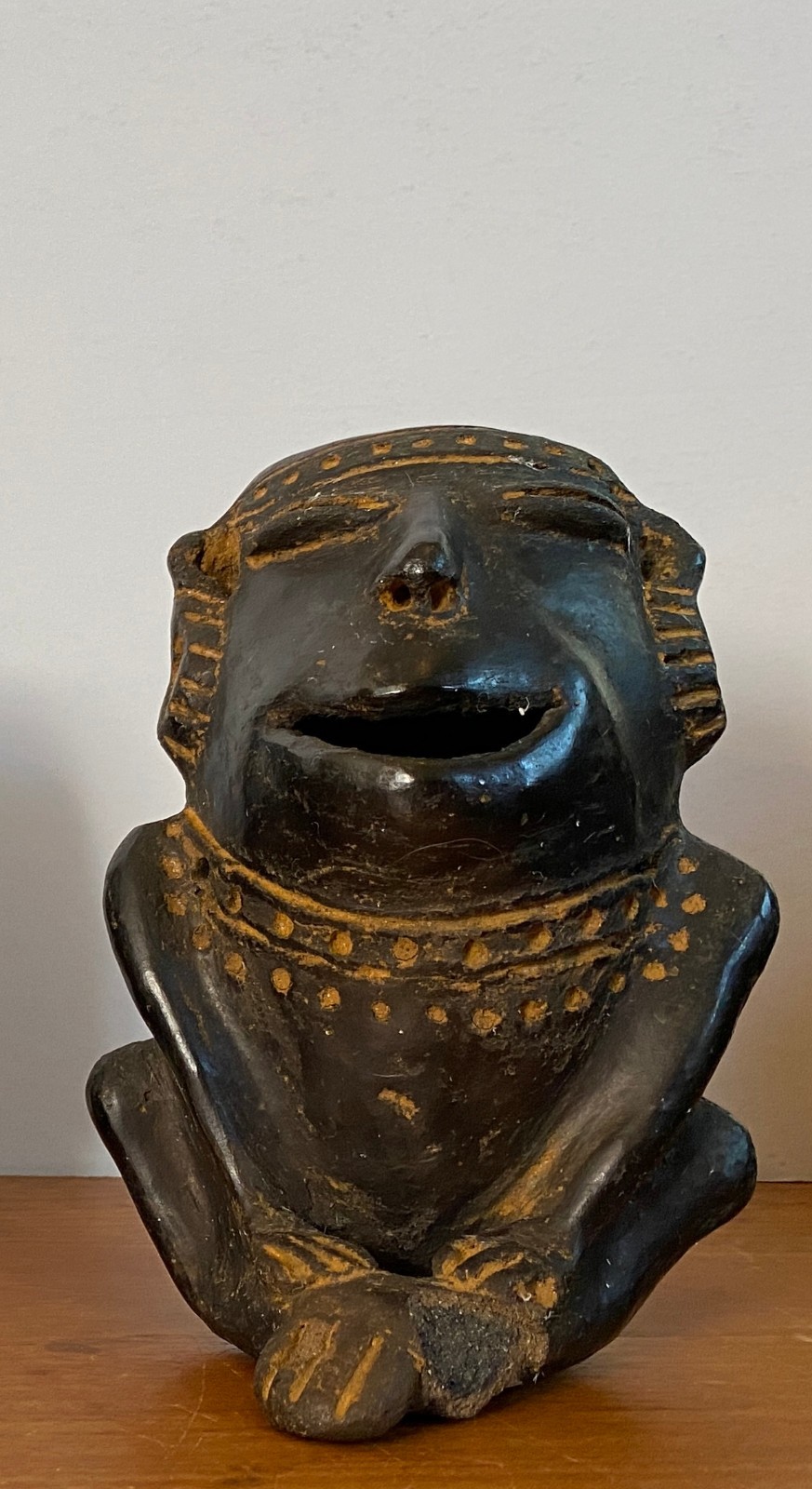 3 Pre Columbian Style Black Ware Clay Figures Musical Seated Vintage / Antique