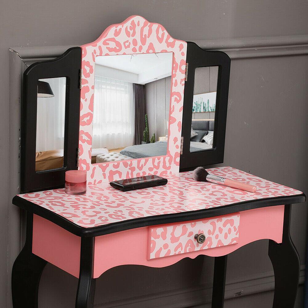 Kids Vanity Table Set Makeup Dressing Table Gifts For Girls Stool Mirror Pink