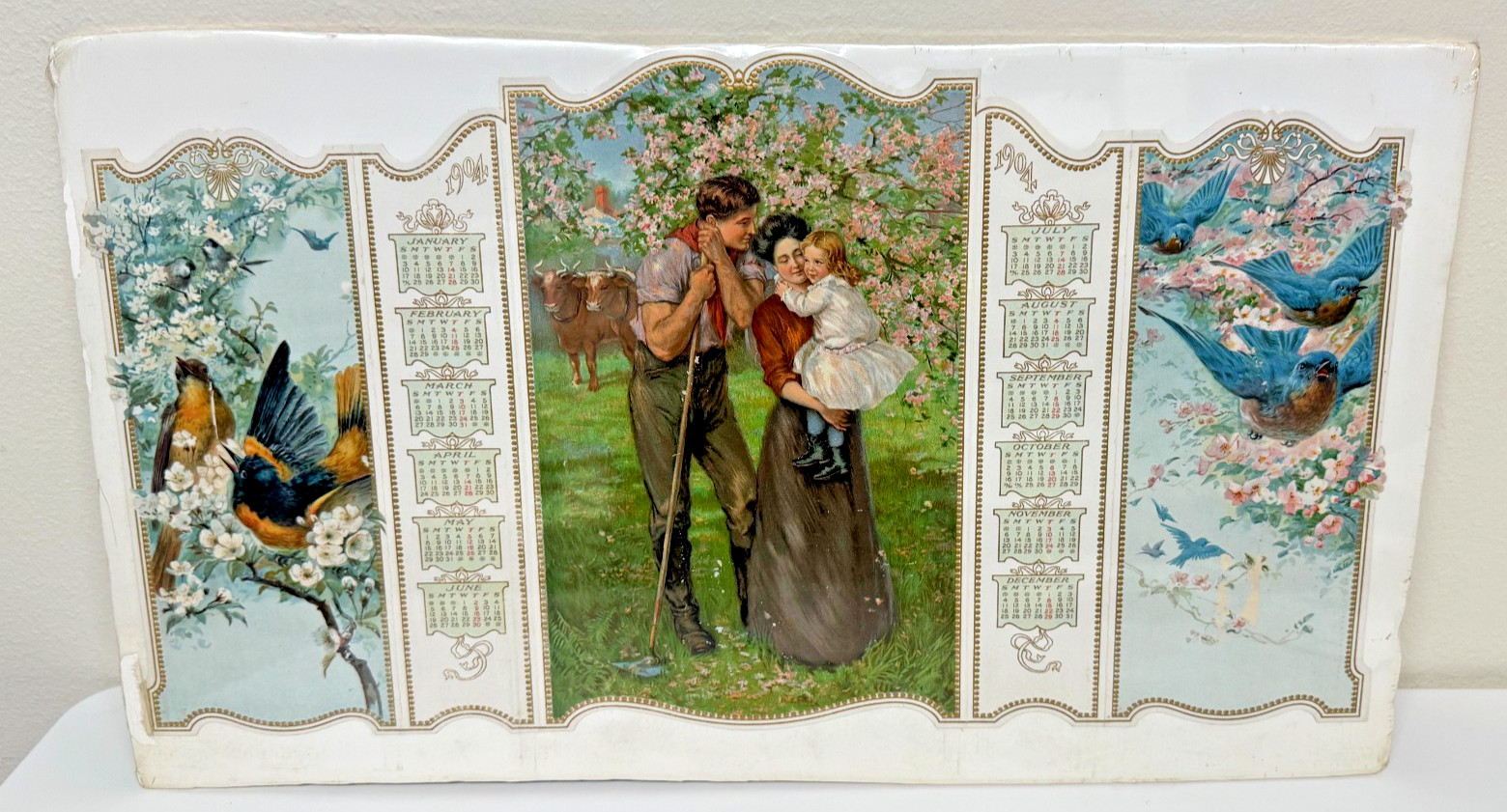 Antique 1904 Large Chromolithograph Calendar Victorian Family & Farm Scene 11x21