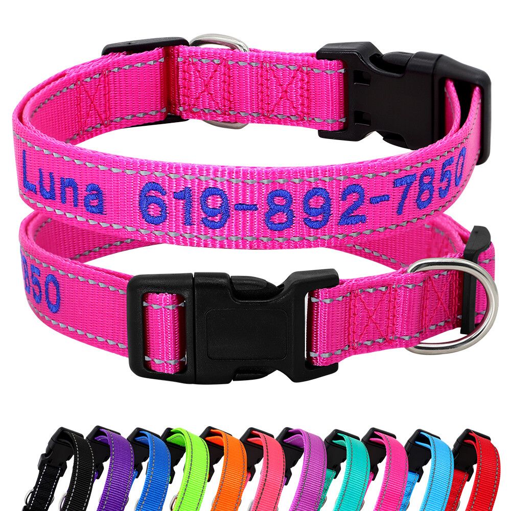 Custom Personalized Dog Collar Embroidered Pet ID Name Number Reflective Nylon