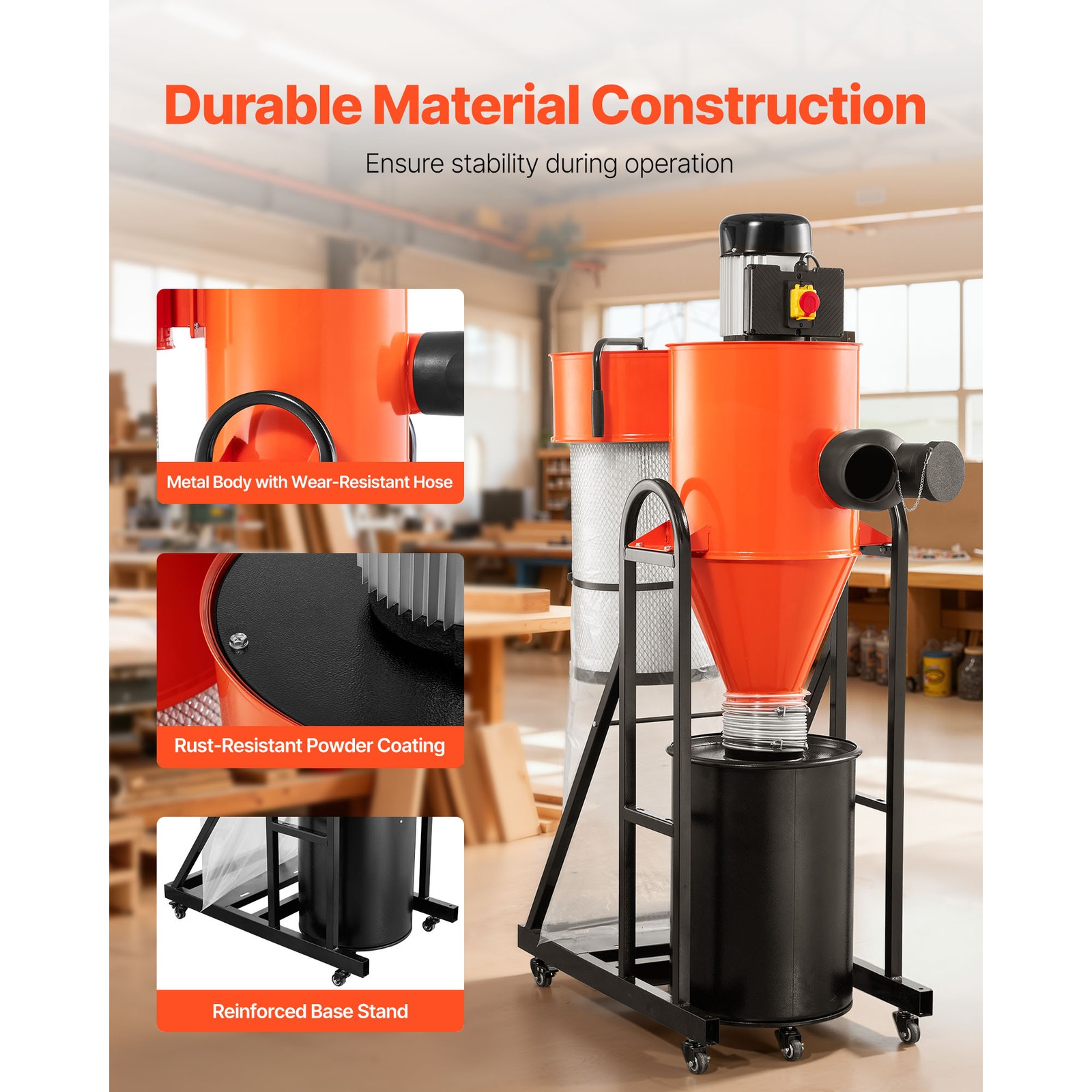 Uimoso 1.5HP Dust Collector with 763 CFM and 3400 RPM Vortex Cone System