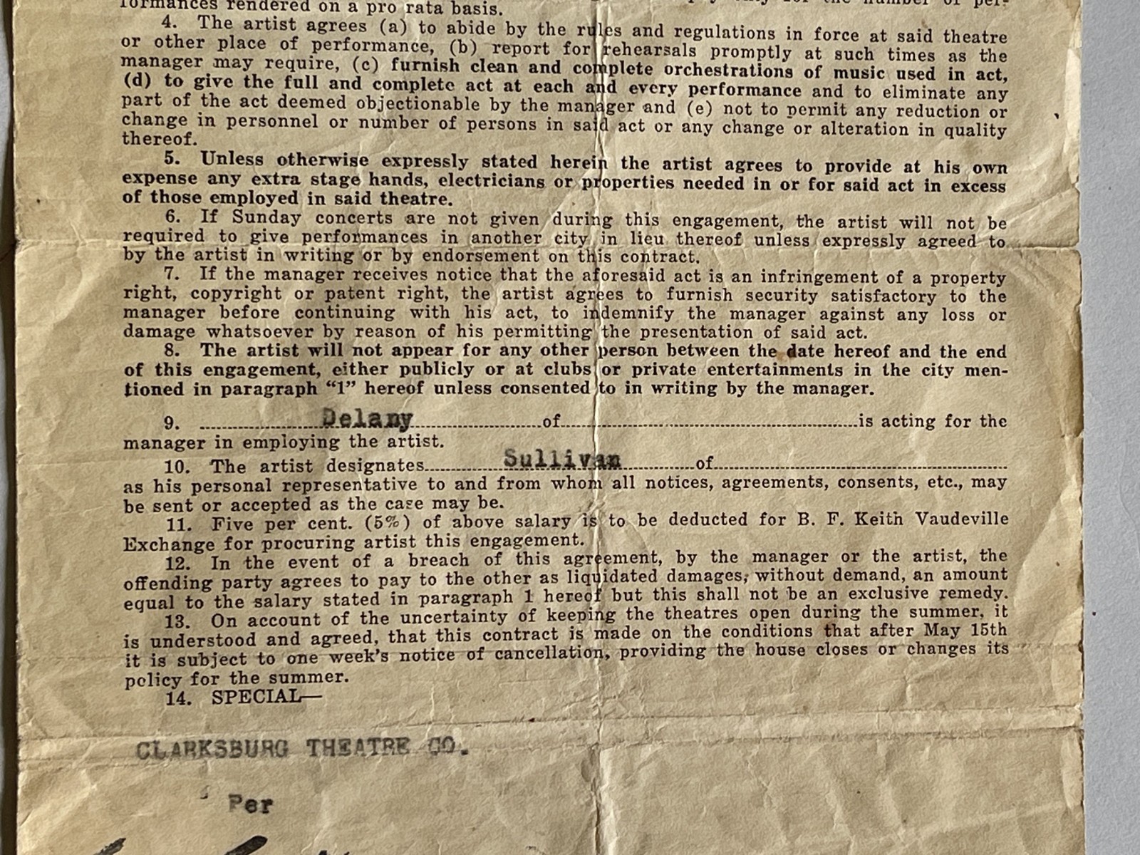 VINTAGE VAUDEVILLE SIGNED CONTRACT 1923 PALACE THEATRE NEW YORK