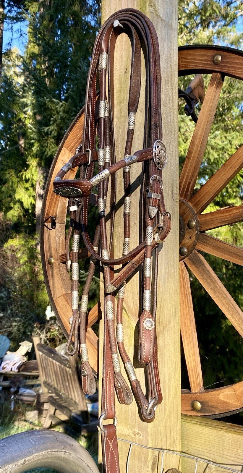 Vntg Poco Western Bridle & Romel Reins Silver Ferrule Fleming Filigree Sterling