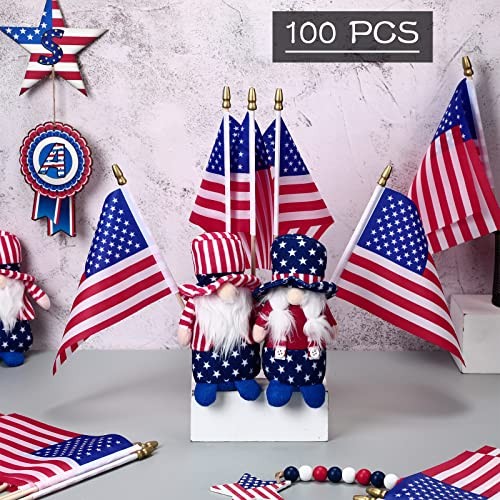 100 Pcs Small American Flags on Stick Mini Handheld 4th of July Flags 5 x 8