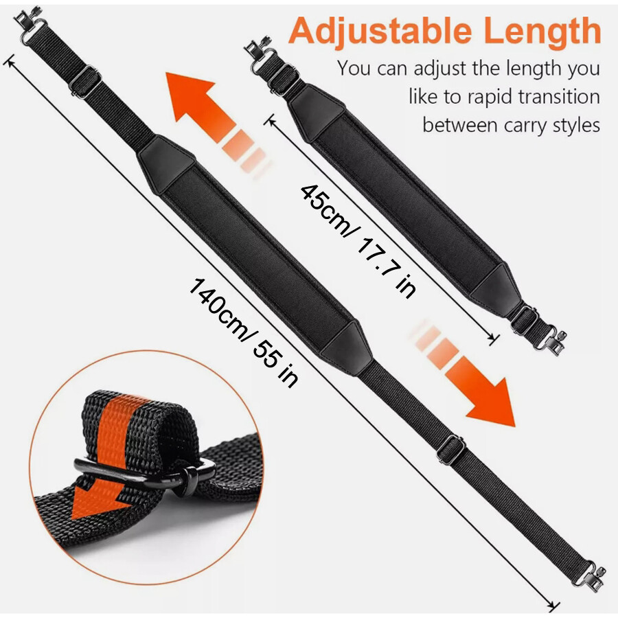 Full Black 2 Point Rifle Gun Sling with Swivels & Neoprene Shoulder Padded Strap