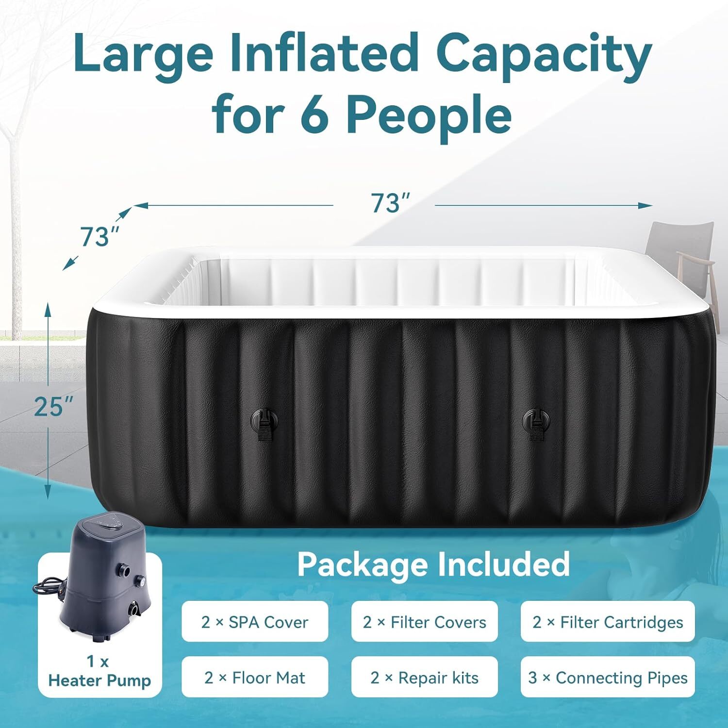 SLSY Inflatable Hot Tub 6 Person Large Square Hot Tub 73X73X25" Blow up Hot Tub