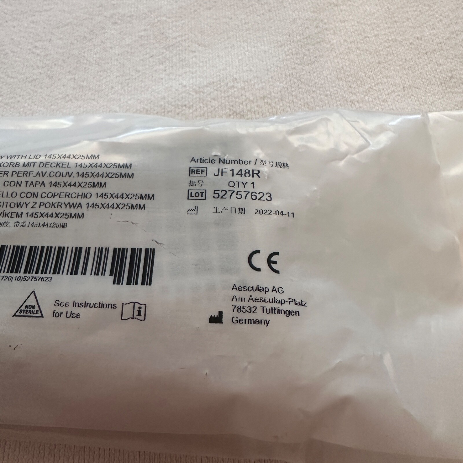 Aesculap JF148R Micro Instrument Tray with Lid 3/4 X 1 X 5-3/4 Inch New In Bag