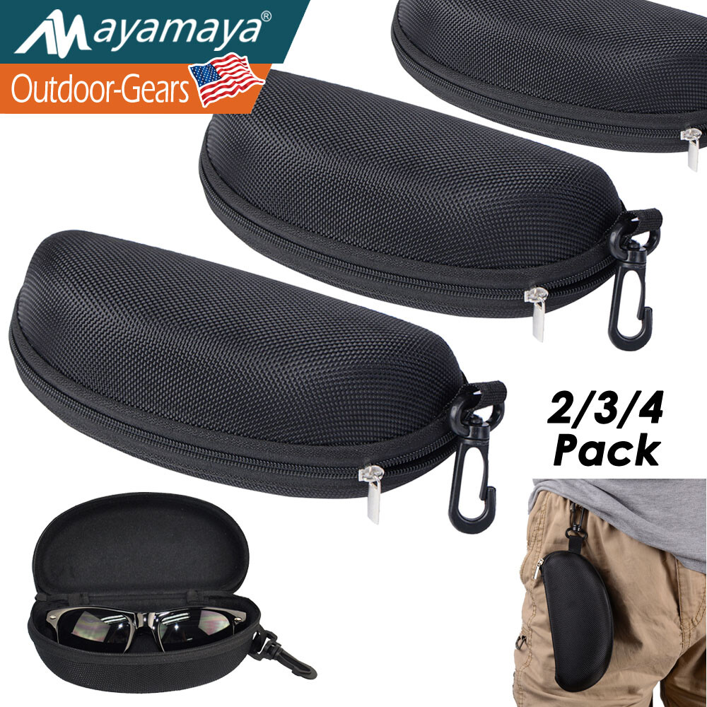2-4Pack Sunglasses Hard Case Eye Glasses Carry Shell Zipper Clam With Clip Large