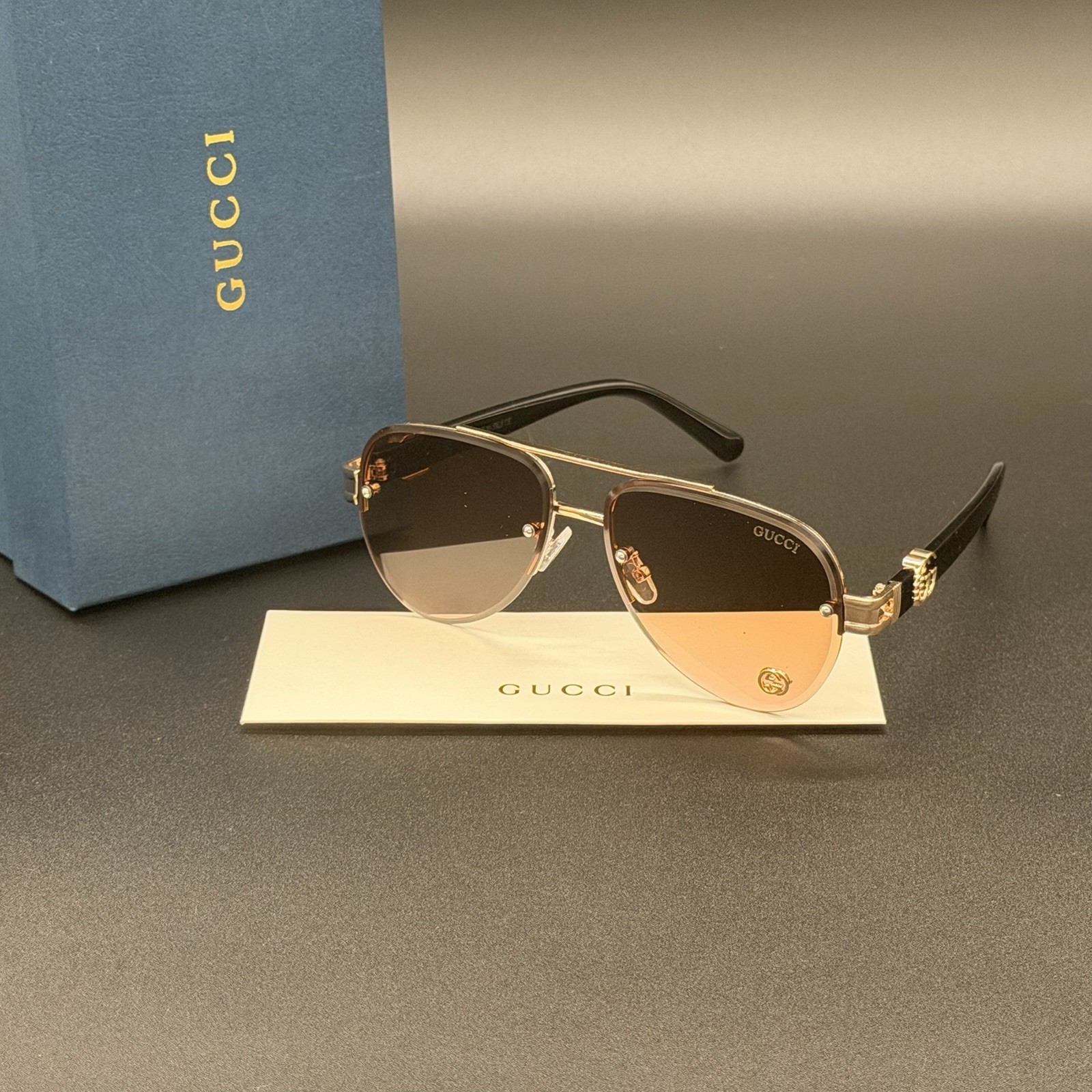 Gucci GG1220S Sunglasses Black Brown Pink Gold Frame Ships Same Day