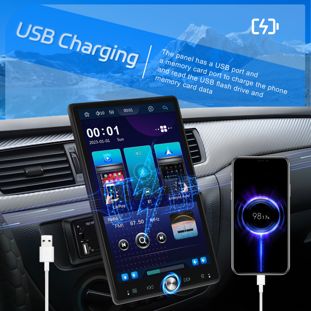 10.4" Single Din Touch Screen Stereo Bluetooth Radio Apple/Android Carplay+CAM