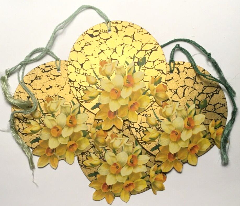 4 Unused Vintage Bridge Tally - Bright Golden Spring Daffodils, Clark Floral