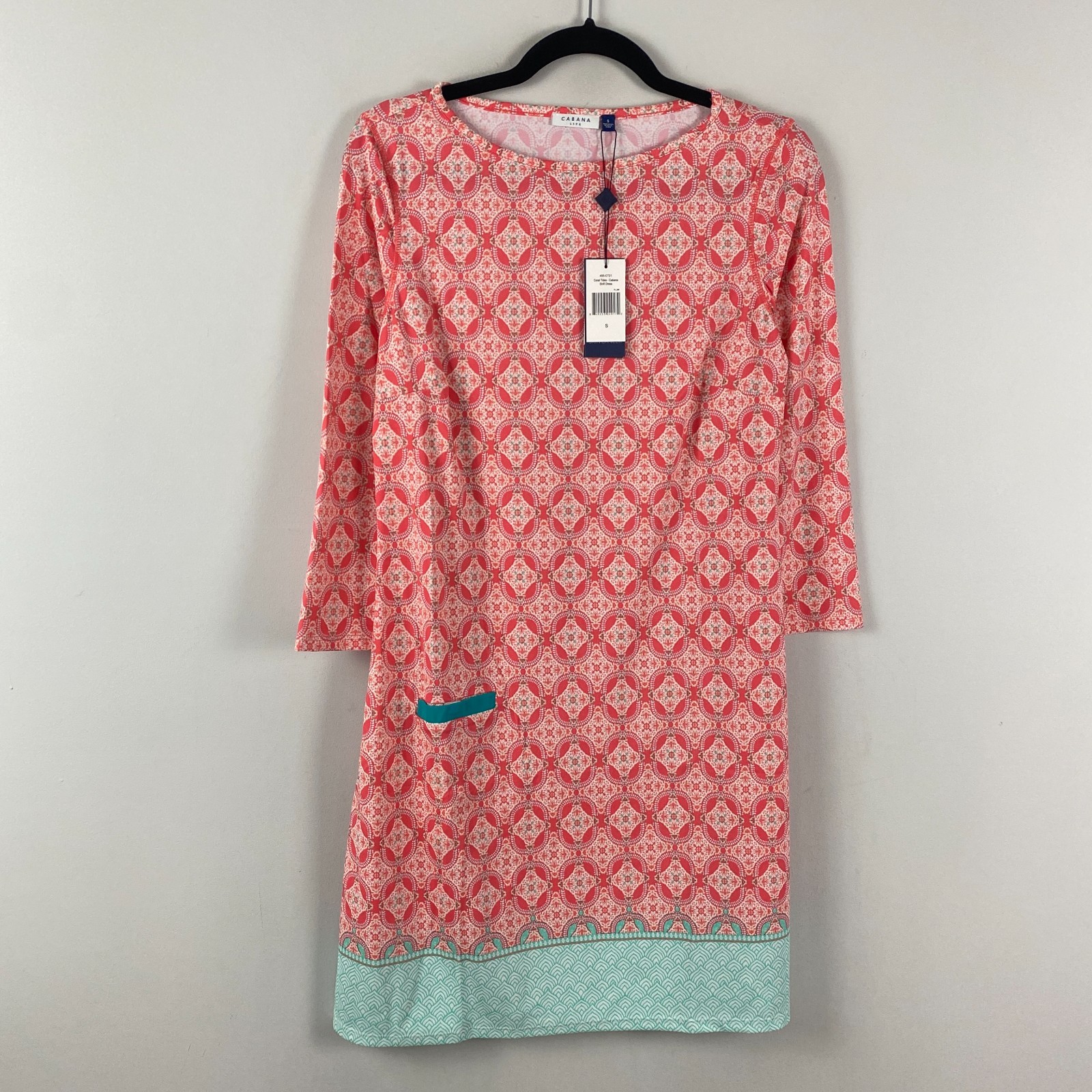 Cabana Life Coral Tides Shift Dress Size Small 3/4 Sleeves Nylon Stretch