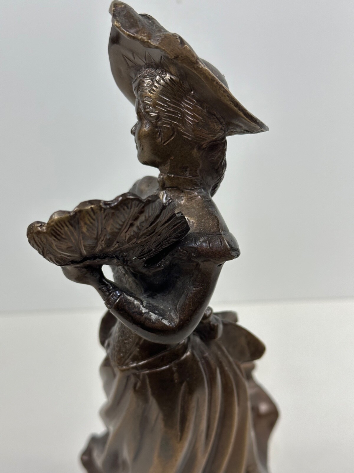 Vintage Victorian Lady Bronze Brass Statue Sculpture Holding Fan 13" High