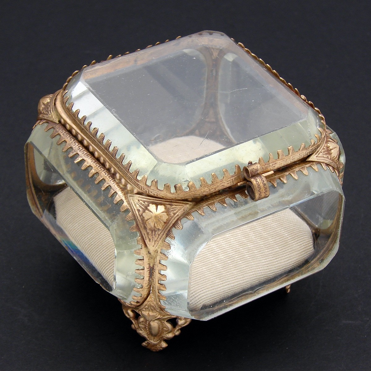 Antique Napoleon III Jewelry Casket, Miniature Vitrine Box, Thick Beveled Glass