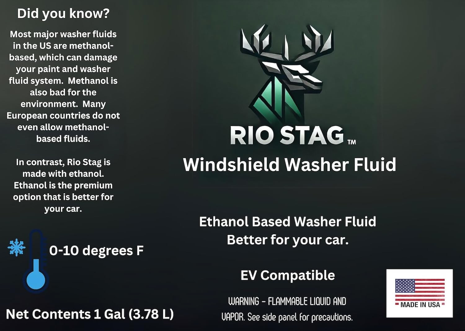 Ethanol Based Windshield Washer Fluid Compatible with Tesla, EV Compatible, All