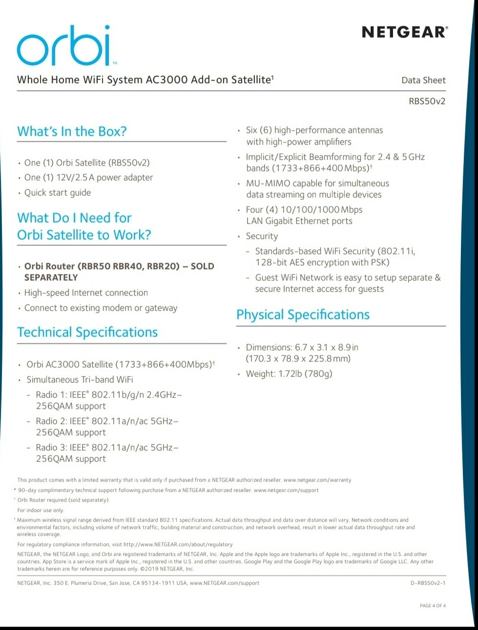 NETGEAR Orbi RBS50v2 AC3000 Satellite WiFi Extender ~ New