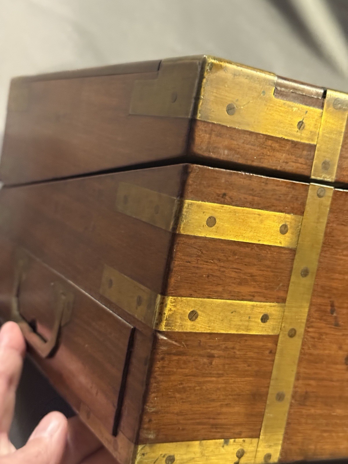 Early Antique Wood & Brass Bound Military Campaign Writing Desk