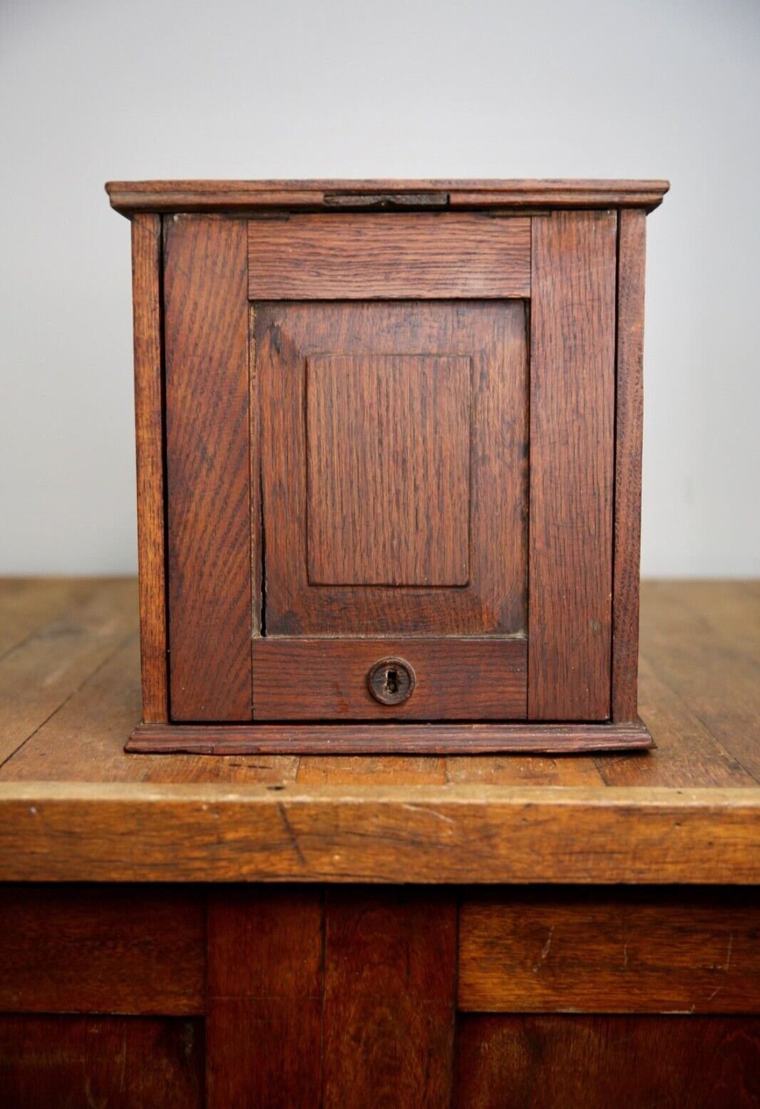Vintage apothecary wood Cabinet antique counter flap door safe lock no key oak
