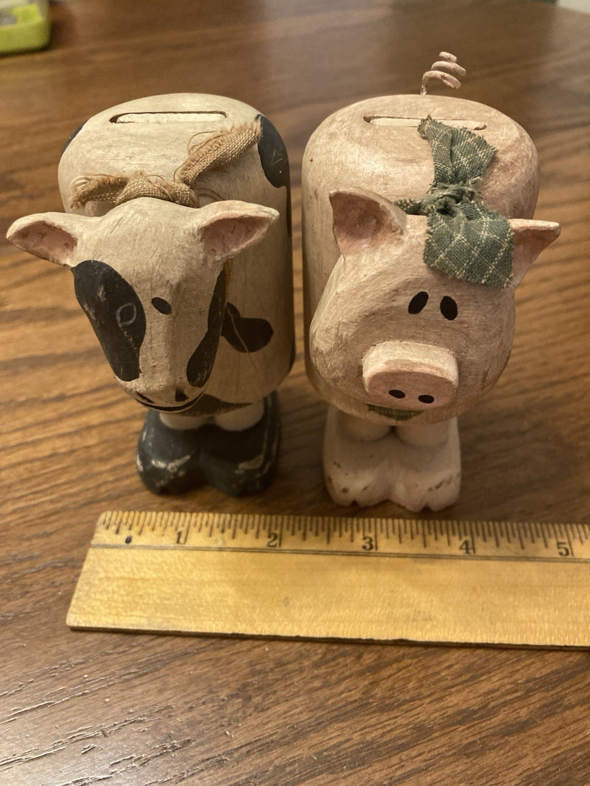 Vintage Wooden Cow & Pig Figurines Handmade Farm Country Decor Folk Art